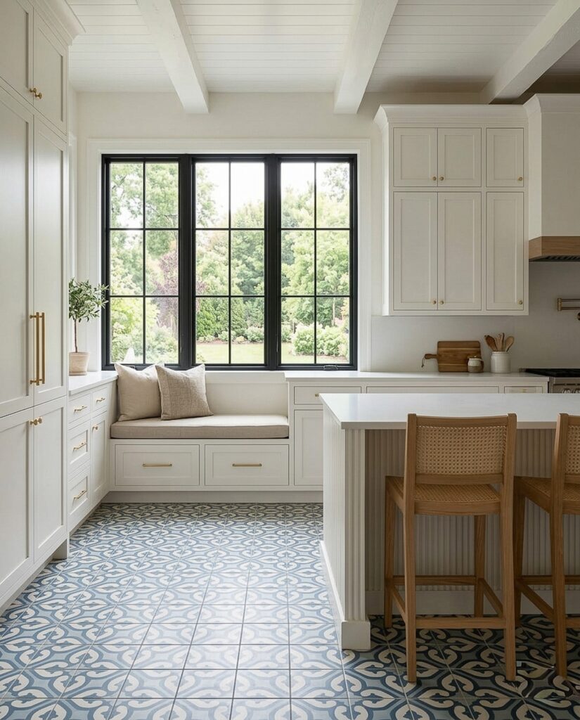 Bright white kitchen with a built-in window bench, black-framed windows, and blue-and-white patterned tile flooring.